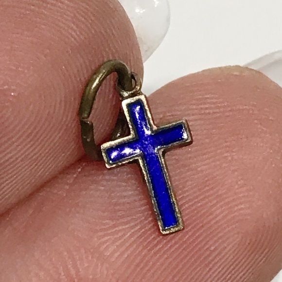 Vintage Tiny Blue Enamel Italian Cross Catholic Necklace Bracelet Pendant Charm - Picture 5 of 14